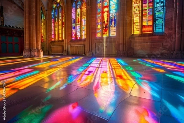 Fototapeta Stained Glass Window Reflections on Church Floor During Daytime