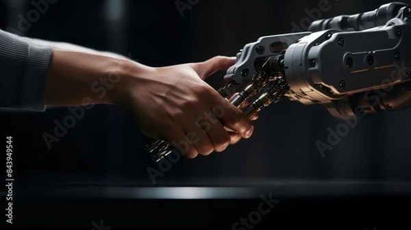 Fototapeta A close-up shot of a robotic arm's delicate gripper gently placing a tiny component into place, highlighting the precision of human-machine collaboration.