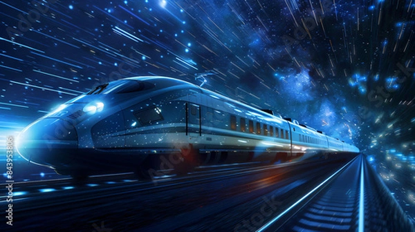 Fototapeta High-speed train dashes through a cosmic backdrop, blending technology with the stars