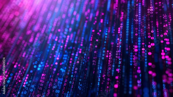 Obraz abstract digital representation of binary code in purple hues, cascading down like rain. The image evokes a sense of data flow, technology, and futuristic concepts in a digital world