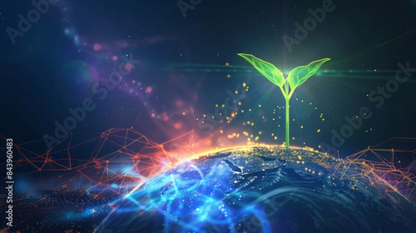 Obraz 3d rendering of young green sprout emerging from a digital, interconnected globe, technological growth and environmental sustainability. dark, glowing background highlights the vibrant new life