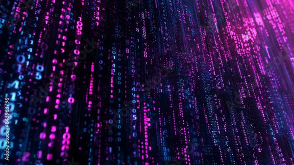Obraz abstract digital representation of binary code in purple hues, cascading down like rain. The image evokes a sense of data flow, technology, and futuristic concepts in a digital world