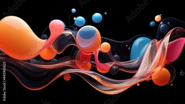 Obraz 3d image of fluid abstract floating objects with holographic colors on black background 