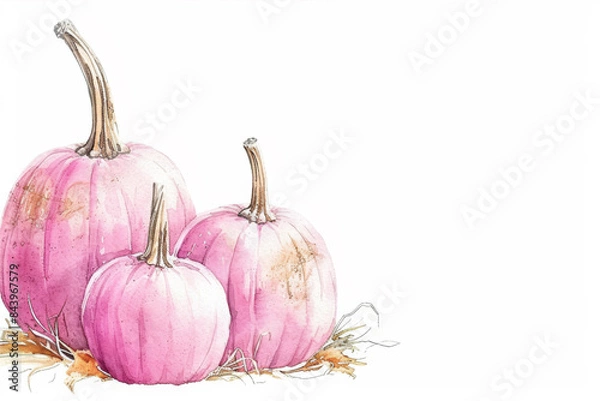 Fototapeta Pretty watercolour illustration of a group of 3 pumpkins, painted in pink, to the left side, with copy space. Great for social media, websites, headers.