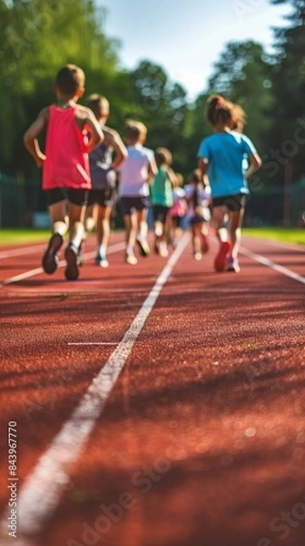 Fototapeta A group of children run in a line on a school track field. Vertical banner with copy space