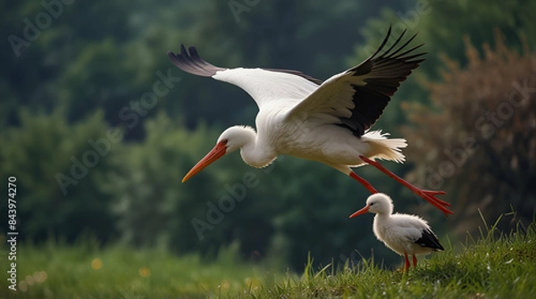 Obraz Stork Carrying a Baby in Flight: Selective Focus Photography
