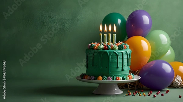 Obraz Green birthday cake with candles on a green background with balloons,Generative.Ai
