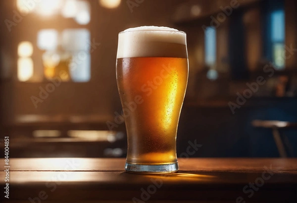 Fototapeta A glass of beer on a bar counter.

