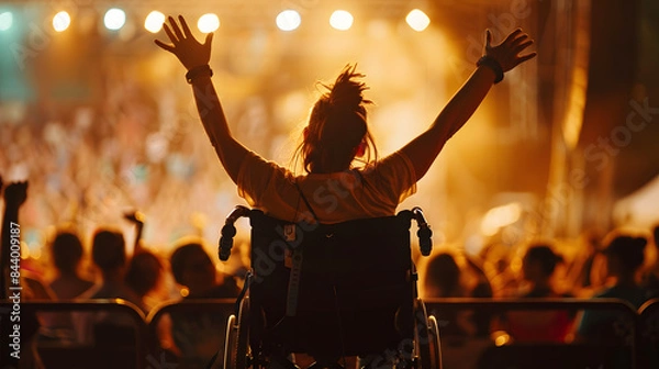 Fototapeta A person in a wheelchair is seen from behind. standing up and waving their arms at the concert stage of the music festival 