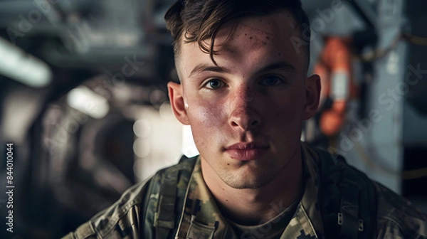 Obraz A photo of an American soldier in the interior of his ship. He is wearing camouflage and looks into the camera with a serious expression on his face 