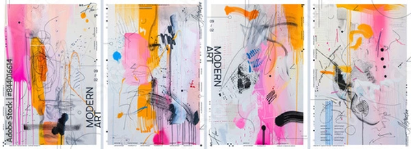 Fototapeta A series of drawings with dynamic strokes and bold lines in colorful ink splashes. The designs include splashes of vivid colors like pink, yellow, blue and black to create an elegant and modern look.