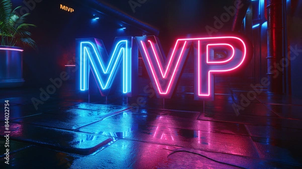 Fototapeta A vibrant neon sign spelling MVP stands tall against a dark city backdrop, its bright lights reflecting on a wet pavement