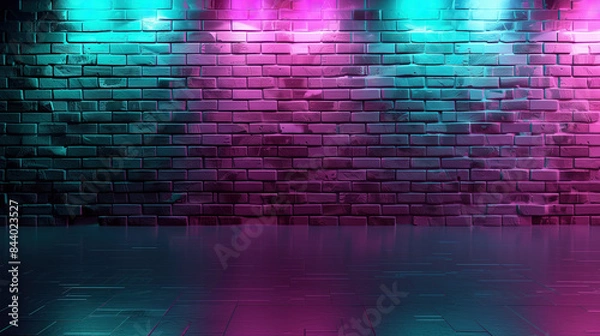 Obraz brick wall texture pattern teal and pink background an empty dark scene laser beams neon spotlights reflection on the floor
