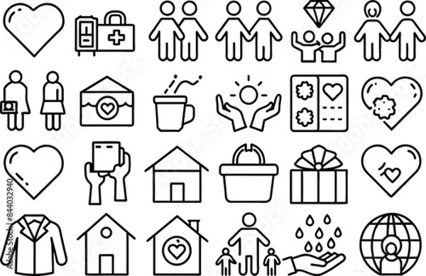 Fototapeta Charity & Volunteering related concept such as Heart, helping hand, donation box & many more editable stroke outline icons isolated on white background flat vector illustration