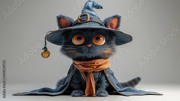 Fototapeta 3d rendered cute wizard cat with wizard costume made with generative AI
