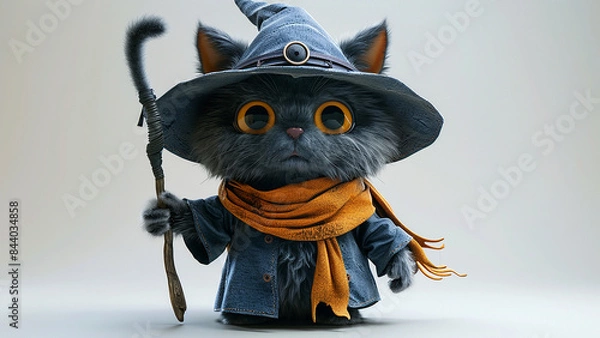 Fototapeta 3d rendered cute wizard cat with wizard costume made with generative AI