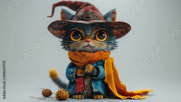 Fototapeta 3d rendered cute wizard cat with wizard costume made with generative AI