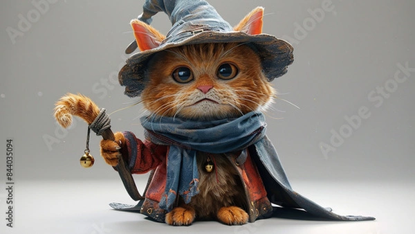 Fototapeta 3d rendered cute wizard cat with wizard costume made with generative AI