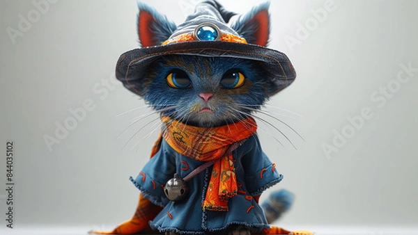 Fototapeta 3d rendered cute wizard cat with wizard costume made with generative AI