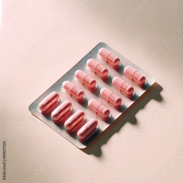 Fototapeta Elegant Blister Pack: Neatly Arranged Pink Capsules on a Light Surface