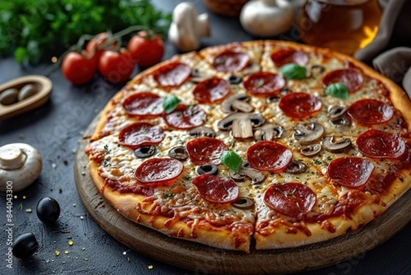 Obraz Tasty pepperoni pizza with mushrooms and olives