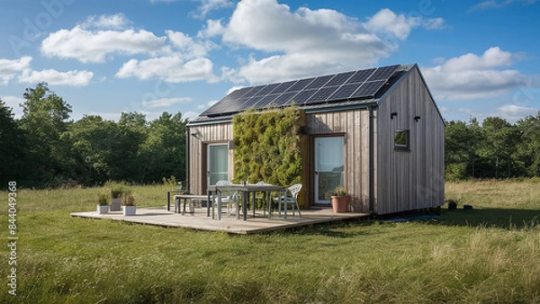 Fototapeta small modest ecological self-sufficient wooden house with solar panels and vertical garden, off-grid lifestyle, nordic glamping