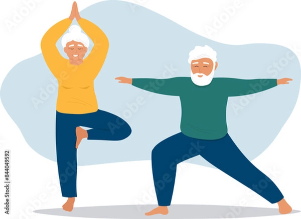 Fototapeta An elderly couple of a man and a woman does yoga, exercises, and leads an active life. Vector flat graphics.
