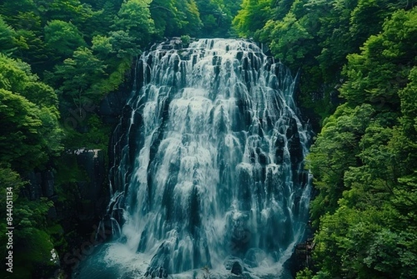 Fototapeta high-angle aerial view of a majestic waterfall cascading down a lush green forest