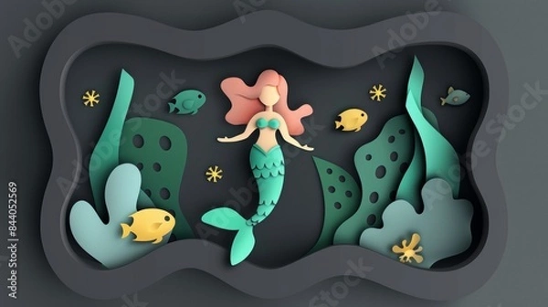 Fototapeta papercraft mermaid with pink hair and a green tail swims gracefully through a dark, starry ocean.