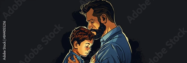 Fototapeta Illustration of father and son on a striking black background, capturing their bond and love in a timeless and elegant portrayal.