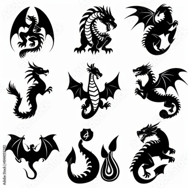 Fototapeta Dragons icon silhouette, dino, wyvern symbols, dinosaurs isolated, mythical monster, minimal flat tattoo