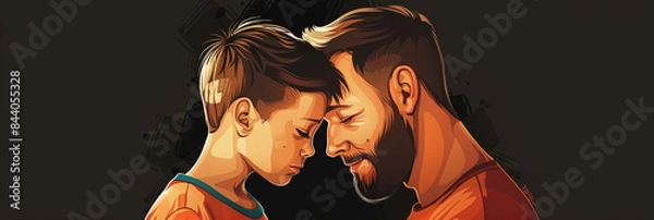 Fototapeta Illustration of father and son on a striking black background, capturing their bond and love in a timeless and elegant portrayal.