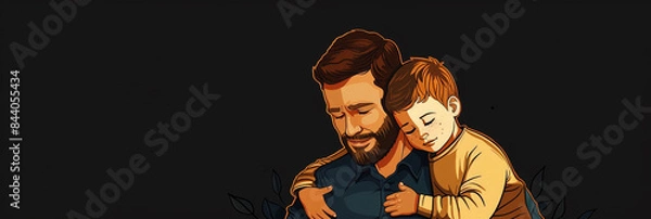 Fototapeta Illustration of father and son on a striking black background, capturing their bond and love in a timeless and elegant portrayal.