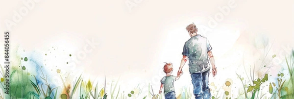Fototapeta Storybook-style watercolor and ink painting of dad and child, serene Father's Day backdrop, white space for text.