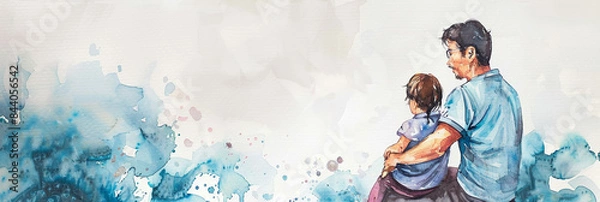 Fototapeta Storybook-style watercolor and ink painting of dad and child, serene Father's Day backdrop, white space for text.
