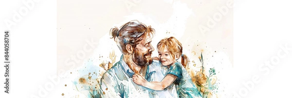 Fototapeta Watercolor illustration of dad and kid, white background with copy space, perfect for Father's Day concept.