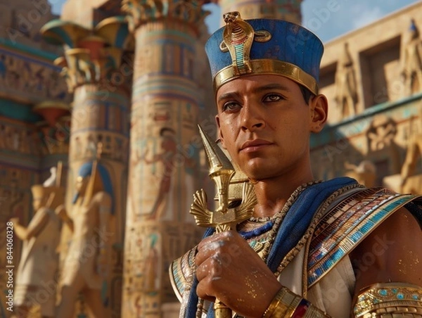 Fototapeta A realistic photo of an Egyptian man with a pharaoh headress and blue, gold, white and red holding a golden Ankh