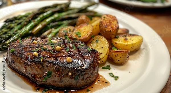 Fototapeta Grilled Steak with Roasted Potatoes and Asparagus Drizzled with Herb Butter Sauce
