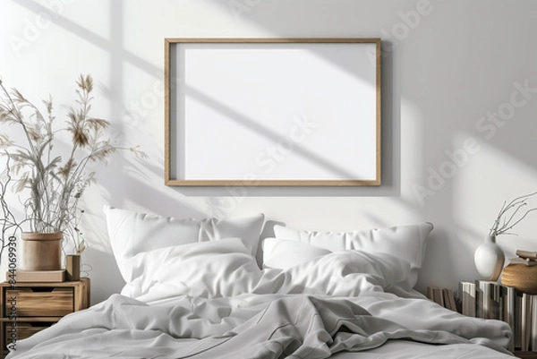 Fototapeta Blank picture frame mockup in a minimalist bedroom