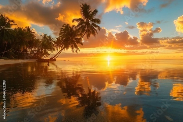 Fototapeta Sunset over a tropical beach with palm trees: Stunning orange sunset reflecting on the calm waters of a tropical beach, surrounded by lush palm trees.
