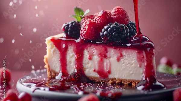 Obraz A Slice of Cheesecake Topped With Fresh Raspberries and Blackberries Drizzled With Berry Sauce