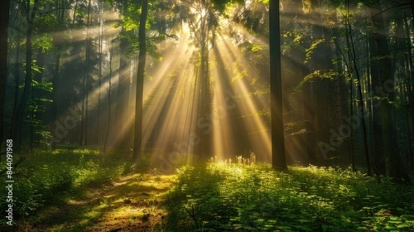 Fototapeta Spectacular sun rays shining through woods and tree in the dense forest. Green and lust forest on a beautiful summer day
