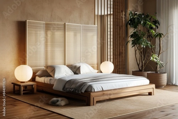 Fototapeta Japandi Bedroom With Wooden Screen
