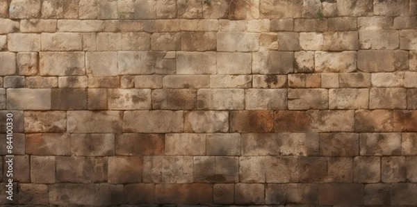 Fototapeta castle wall textured background with a red and white striped pattern, a wooden fence, and a stone wall in the foreground
