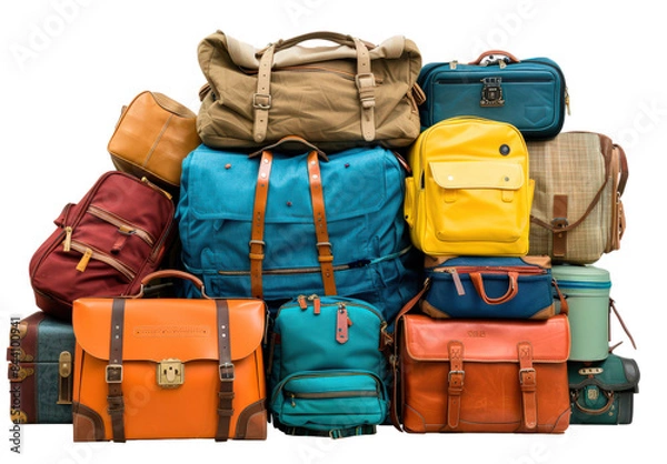 Fototapeta A pile of luggage with a variety of colors and sizes