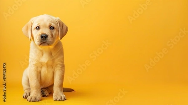 Fototapeta Cute puppy sitting on a bright yellow backdrop, with plenty of space above for text.