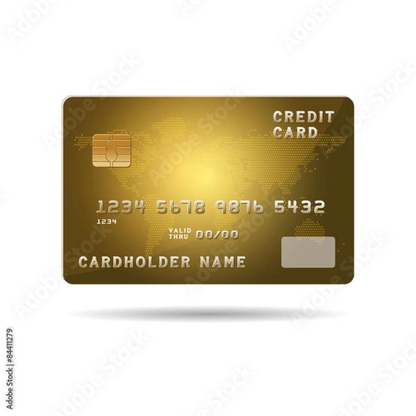 Fototapeta Plastic payment card with chip and global map background illustr