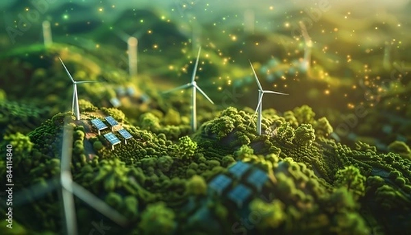 Obraz Earth with wind turbines and solar panels for energy