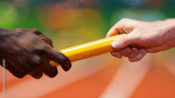 Fototapeta Athletes in a relay race passing the baton, captured in a close-up moment of teamwork.