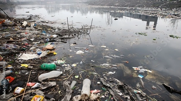 Fototapeta River covered with garbage: Photo of a river or lake covered with floating garbage and plastic waste, showing the problem of water pollution.